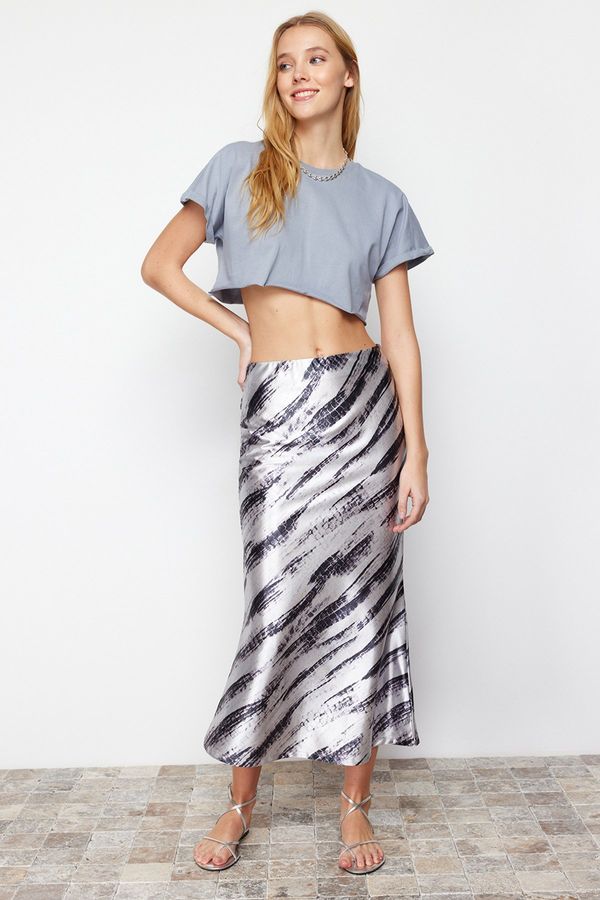 Trendyol Trendyol Gray Patterned Satin Maxi Knitted Skirt