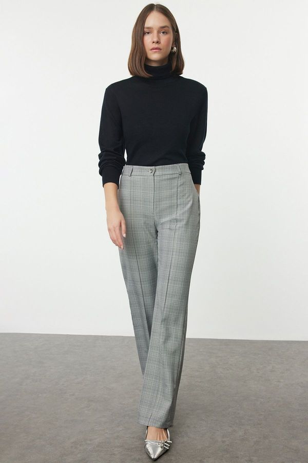 Trendyol Trendyol Gray Plaid Straight/Straight Cut Woven Trousers