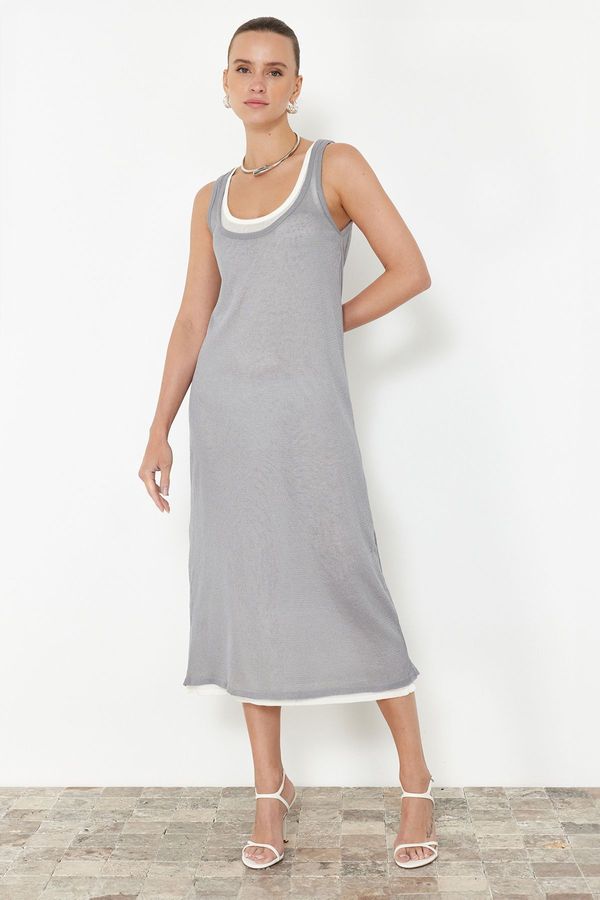 Trendyol Trendyol Gray Plain Shift Double Layer Single Plate Maxi Dress