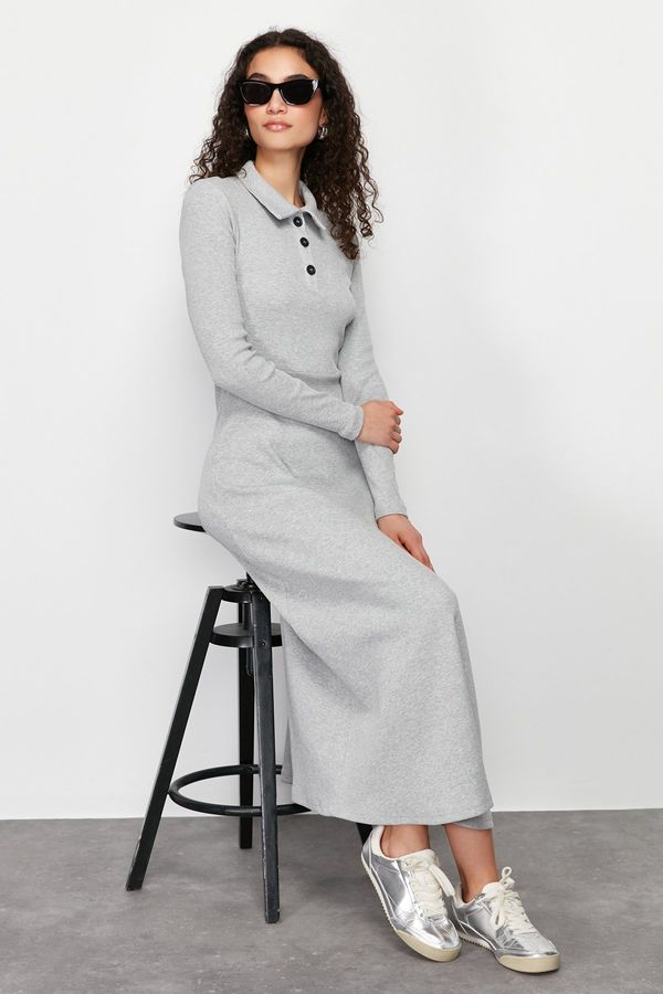 Trendyol Trendyol Gray Polo Neck Button Detailed Plain Knitted Dress