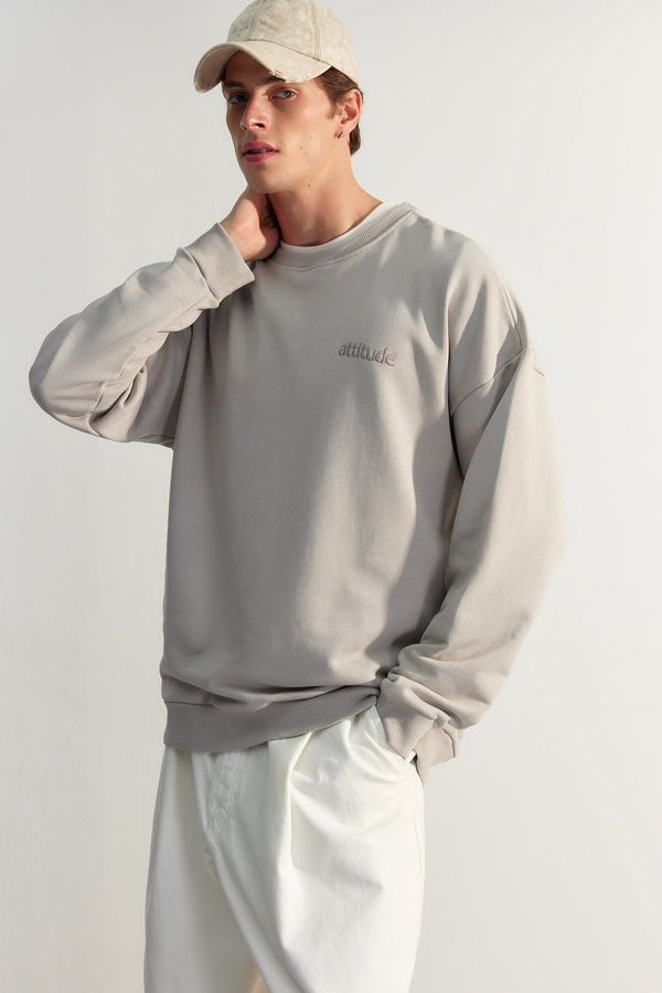 Trendyol Trendyol Gray Premium Oversize/Wide Cut Text Embroidered Thick Cotton Sweatshirt