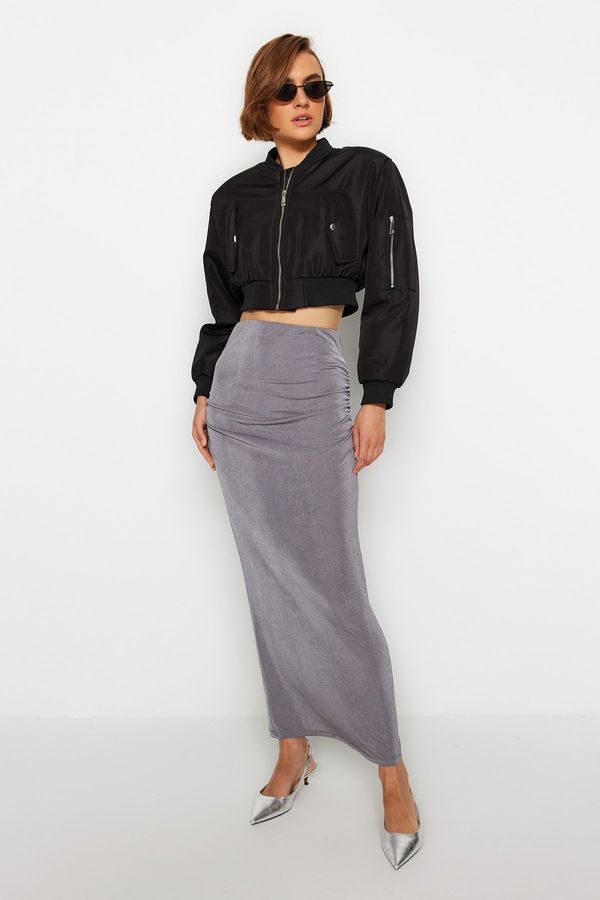 Trendyol Trendyol Gray Premium with a Glossy Finish and Soft Textured Drape Maxi Knitted Skirt