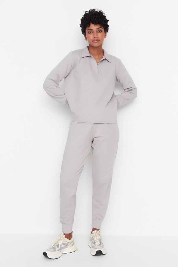 Trendyol Trendyol Gray Regular/Normal Fit Polo Neck Thin Knitted Tracksuit Set