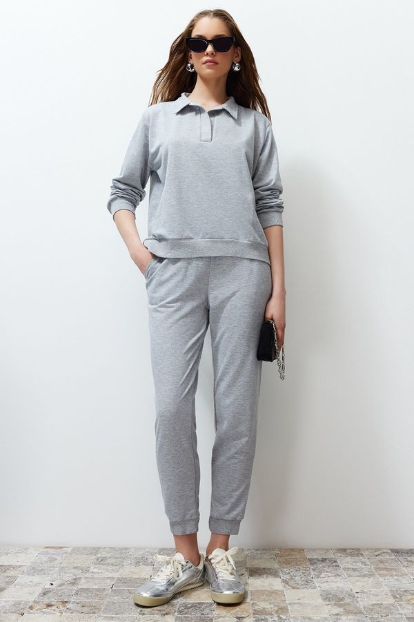 Trendyol Trendyol Gray Regular/Normal Pattern Polo Neck Thin Knitted Tracksuit Set