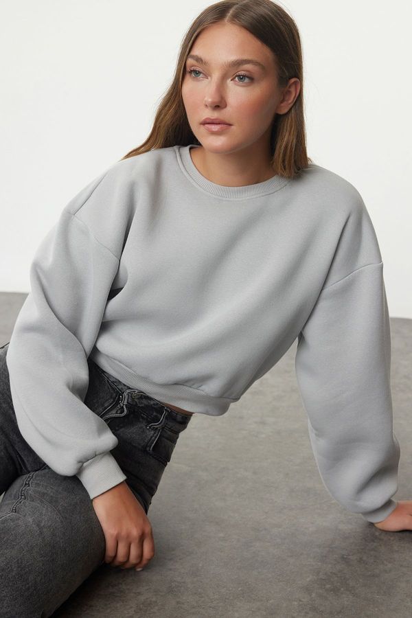 Trendyol Trendyol Gray Relaxed Fit Crop Basic Crew Neck Thick Fleece Knitted Sweatshirt