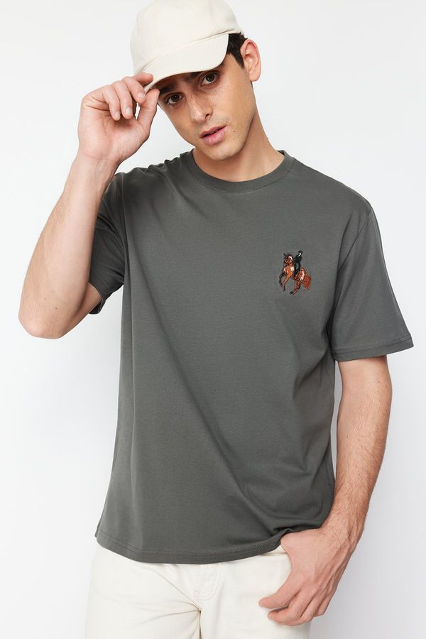 Trendyol Trendyol Gray Relaxed/Casual Fit Horse/Animal Embroidered Short Sleeve 100% Cotton T-Shirt