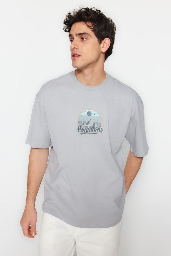 Trendyol Trendyol Gray Relaxed/Comfortable Cut Landscape-Text Printed 100% Cotton Short Sleeve T-Shirt