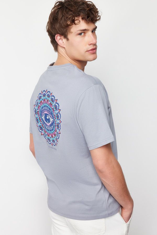 Trendyol Trendyol Gray Relaxed/Comfortable-Fit Back Printed 100% Cotton Short Sleeve T-Shirt