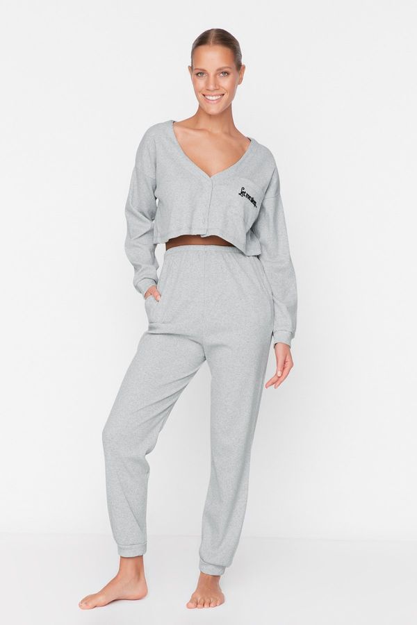 Trendyol Trendyol Gray Ribbed Cotton Embroidery Knitted Pajamas Set