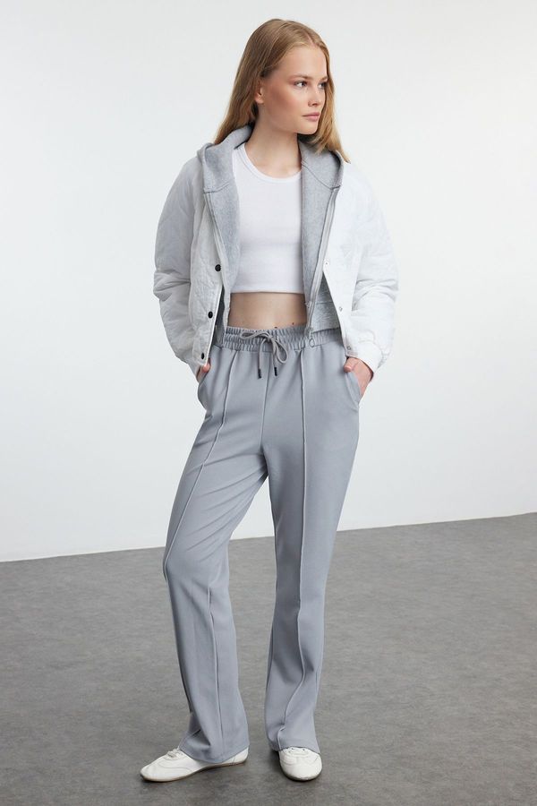 Trendyol Trendyol Gray Ribbed Elastic Waist Straight Cut Trousers