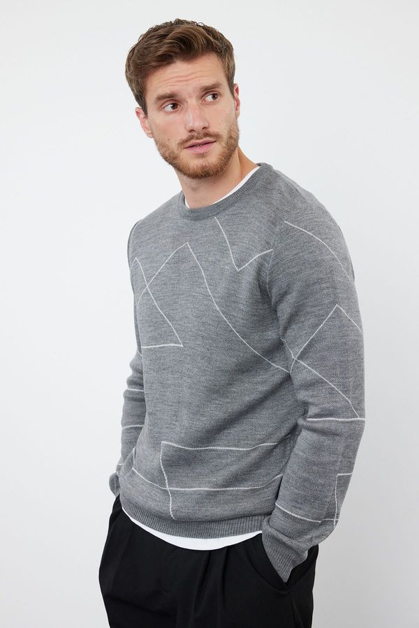 Trendyol Trendyol Gray Slim Fit Crew Neck Geometric Knitwear Sweater