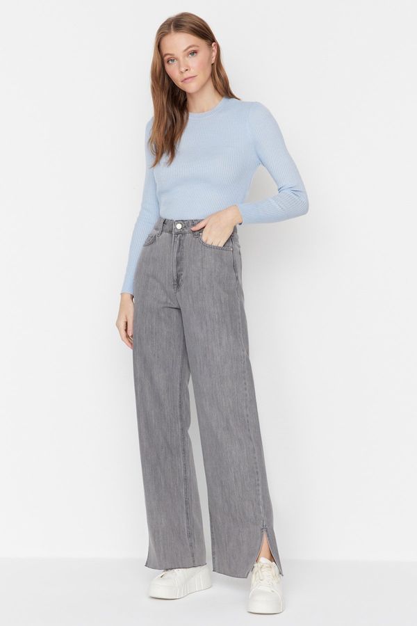 Trendyol Trendyol Gray Slit High Waist 100% Cotton Wide Leg Jeans