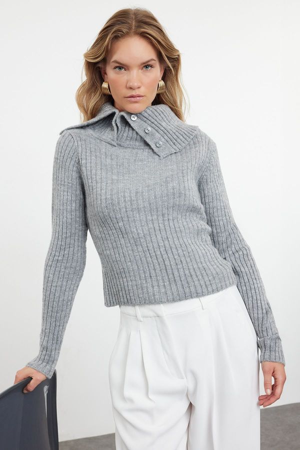 Trendyol Trendyol Gray Soft Texture Crop Boat Neck Detailed Knitwear Sweater