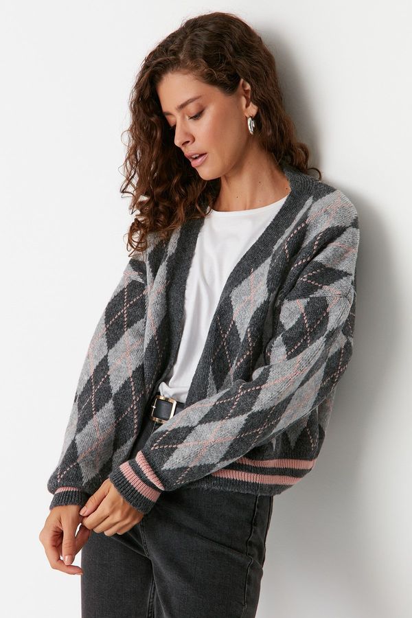 Trendyol Trendyol Gray Soft Textured Diamond Patterned Knitwear Cardigan