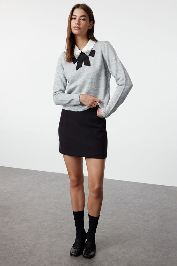 Trendyol Trendyol Gray Soft Textured Garnished Ribbon/Bow Detailed Stone Knitted Sweater