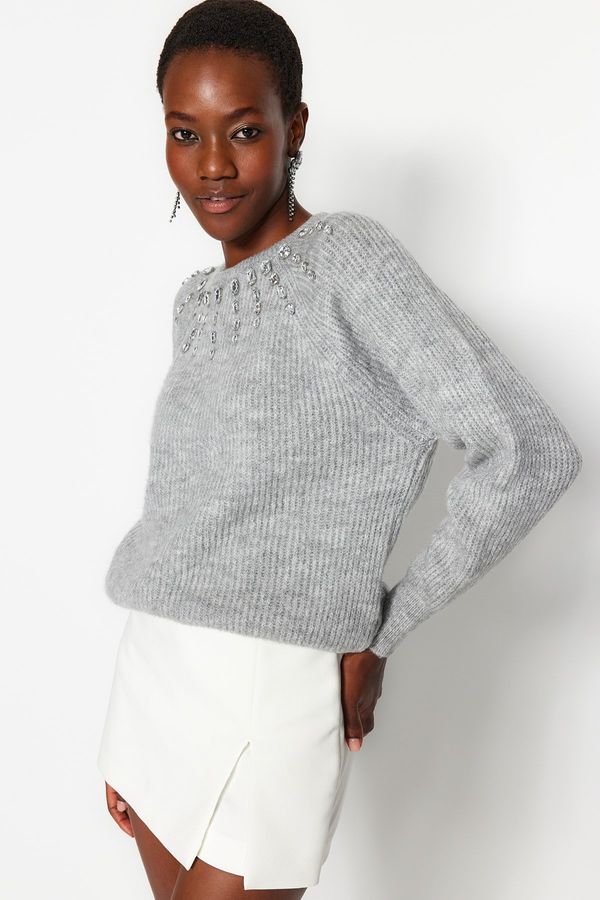 Trendyol Trendyol Gray Soft Textured Stone Detailed Knitwear Sweater