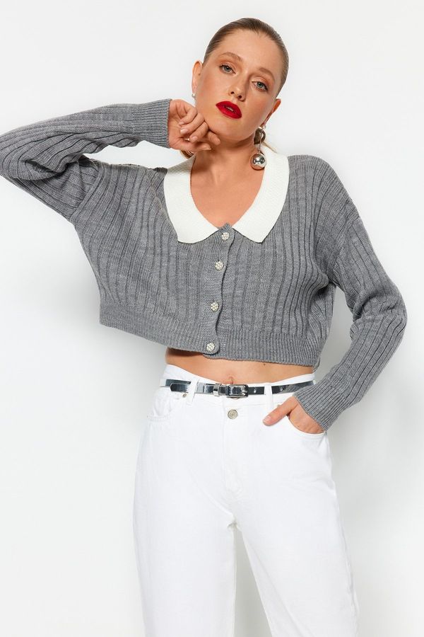 Trendyol Trendyol Gray Super Crop Shirt Collar Garnished Knitwear Cardigan