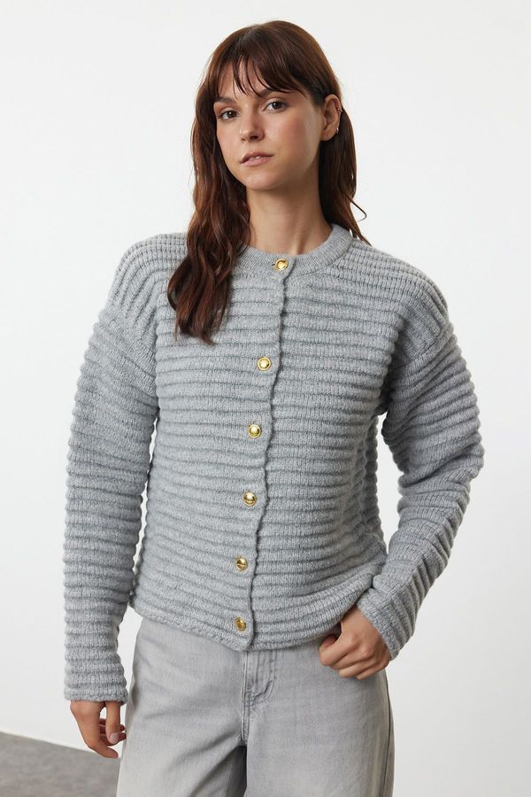 Trendyol Trendyol Gray Textured Crew Neck Knitwear Cardigan