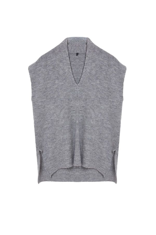 Trendyol Trendyol Gray V-Neck Side Slit Knitwear Sweater