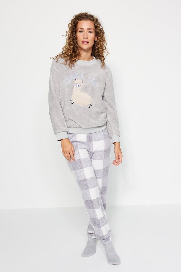 Trendyol Trendyol Gray Wellsoft Llama Patterned Winter Knitted Pajama Set