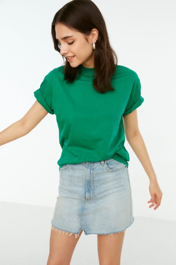 Trendyol Trendyol Green 100% Cotton Basic Stand Up Collar Knitted T-Shirt