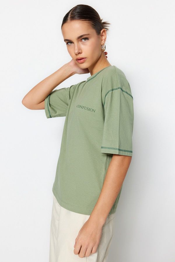 Trendyol Trendyol Green 100% Cotton Cocoa Stitched and Printed Relaxed/Wide Relaxed Cut Knitted T-Shirt