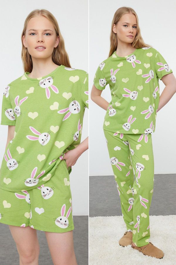 Trendyol Trendyol Green 100% Cotton Rabbit and Heart Patterned Knitted Pajama Set