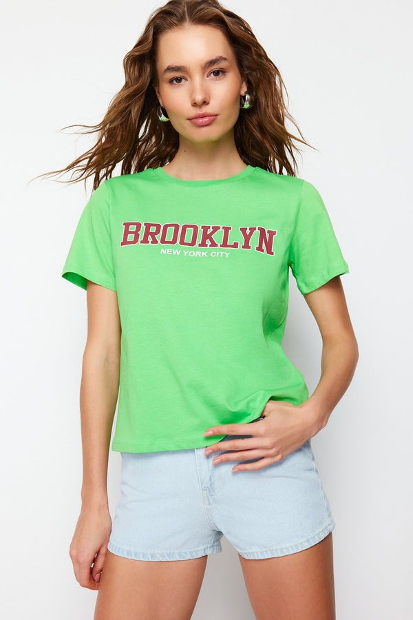Trendyol Trendyol Green 100 Cotton Slogan Printed Regular/Regular Fit Knitted T-Shirt