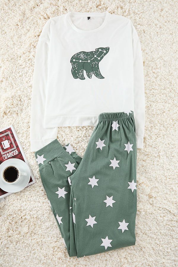 Trendyol Trendyol Green 100% Cotton Star Patterned Knitted Pajama Set