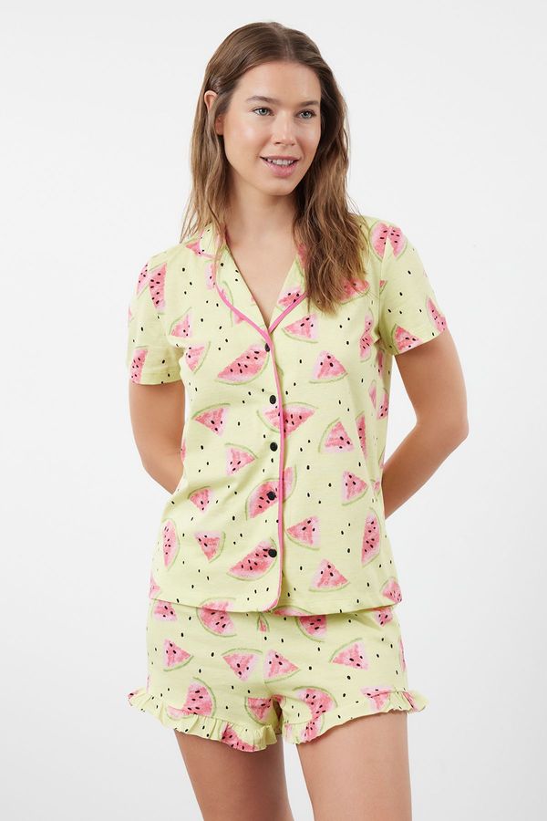 Trendyol Trendyol Green 100% Cotton Watermelon Patterned Ruffle Shirt-Shorts Knitted Pajama Set