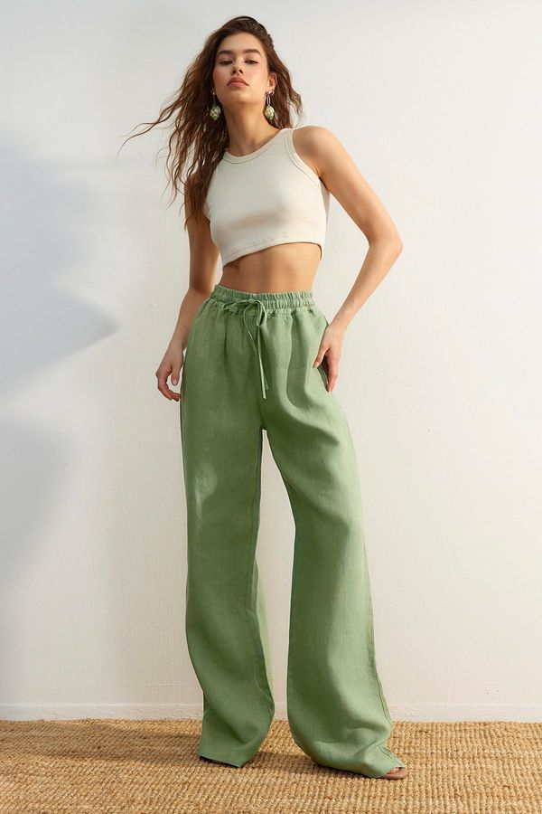 Trendyol Trendyol Green 100% Linen High Waist Wide Leg Pants with Elastic Waist.