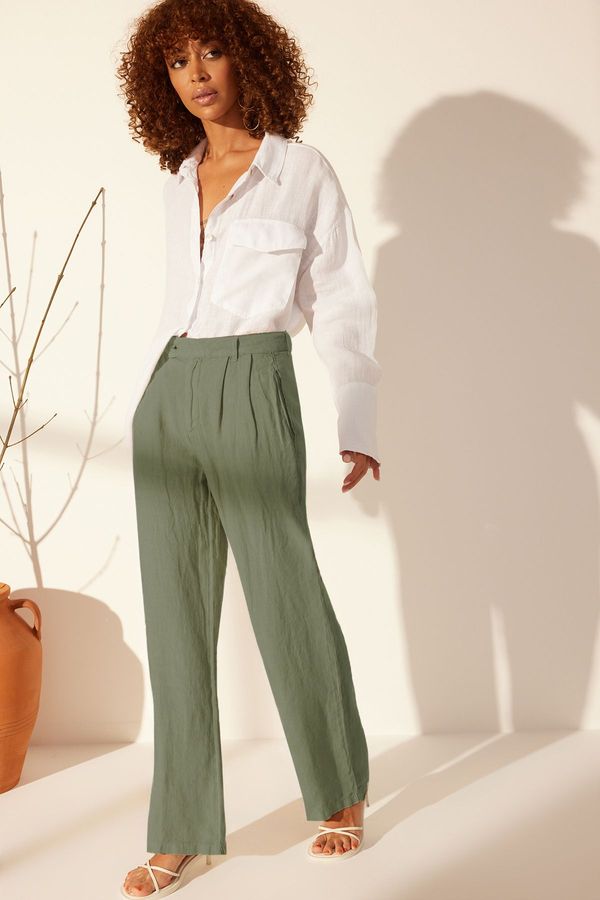 Trendyol Trendyol Green 100% Linen Pleated High Waist Wide Leg Trousers