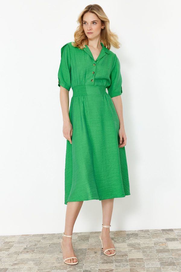 Trendyol Trendyol Green A-line Shirt Collar Guiped Midi Woven Dress