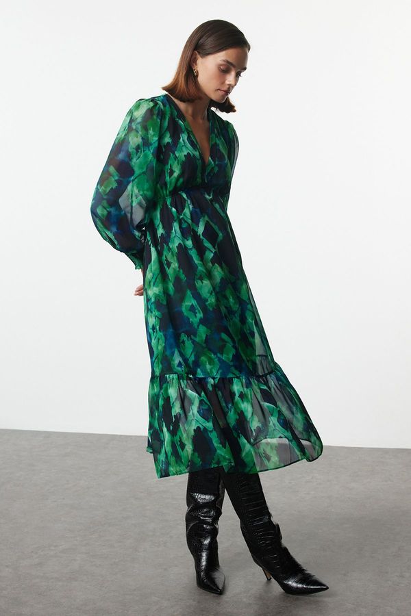 Trendyol Trendyol Green Abstract Patterned Waist Opening Lined Midi Chiffon Woven Dress