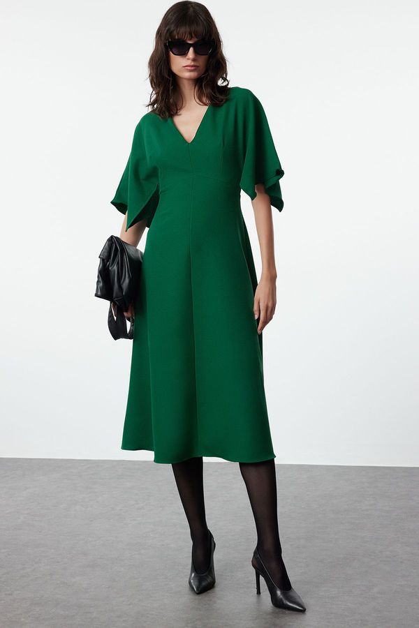 Trendyol Trendyol Green Angel Sleeve Detailed A-Line Skirt Flounce Midi Woven Dress