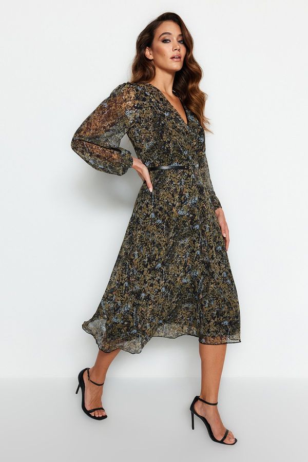 Trendyol Trendyol Green Belted A-Line Midi Double Breasted Collar Patterned Chiffon Dress Woven Dress