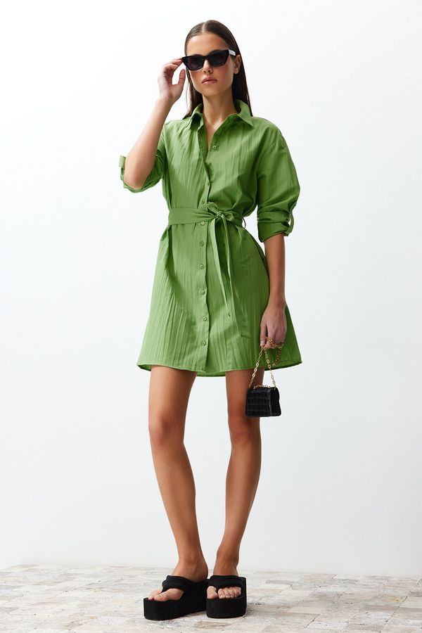 Trendyol Trendyol Green Belted Fabric Textured Mini Woven Shirt Dress