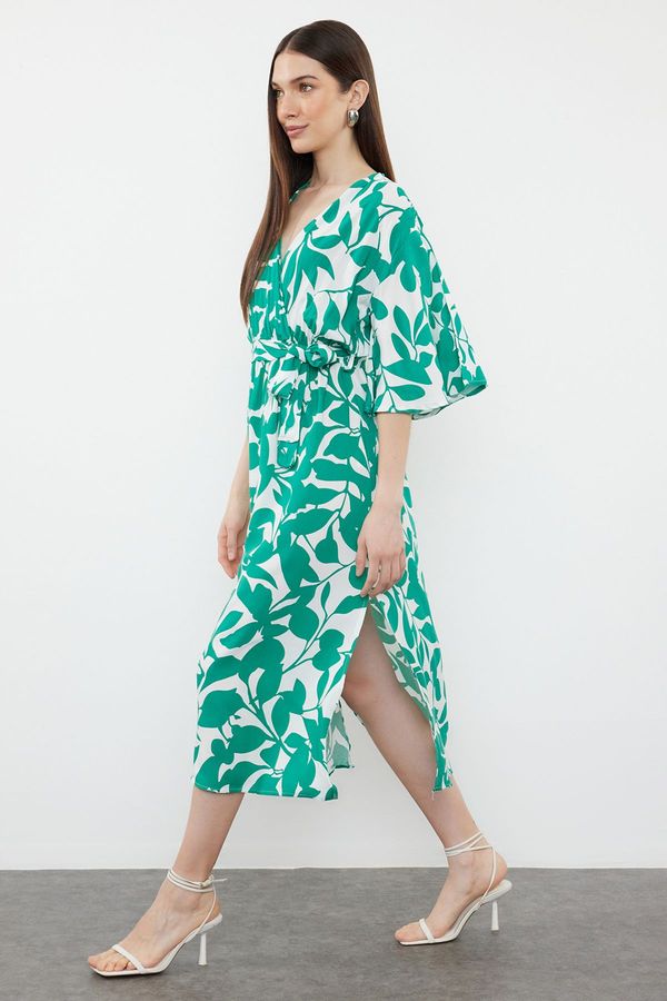 Trendyol Trendyol Green Belted Floral Patterned A-Line Double Breasted Collar Midi Woven Dress