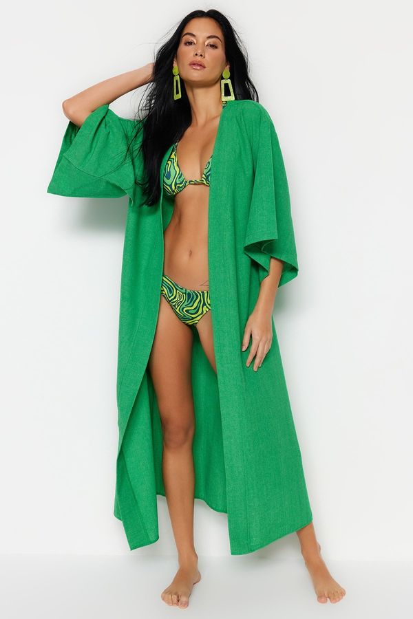 Trendyol Trendyol Green Belted Maxi Woven Linen Look Kimono & Kaftan