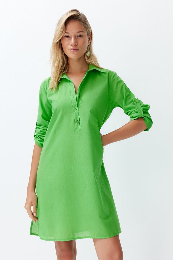Trendyol Trendyol Green Belted Midi 100% Cotton Beach Dress with Woven Ribbon Accessory