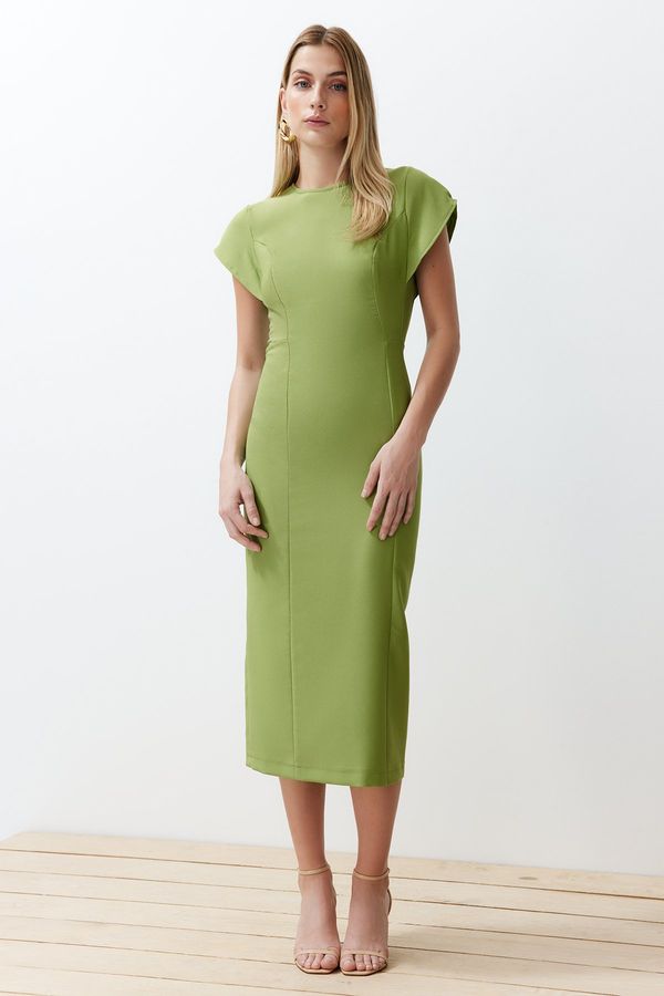 Trendyol Trendyol Green Body Wrap Low Sleeve Crew Neck Woven Midi Dress