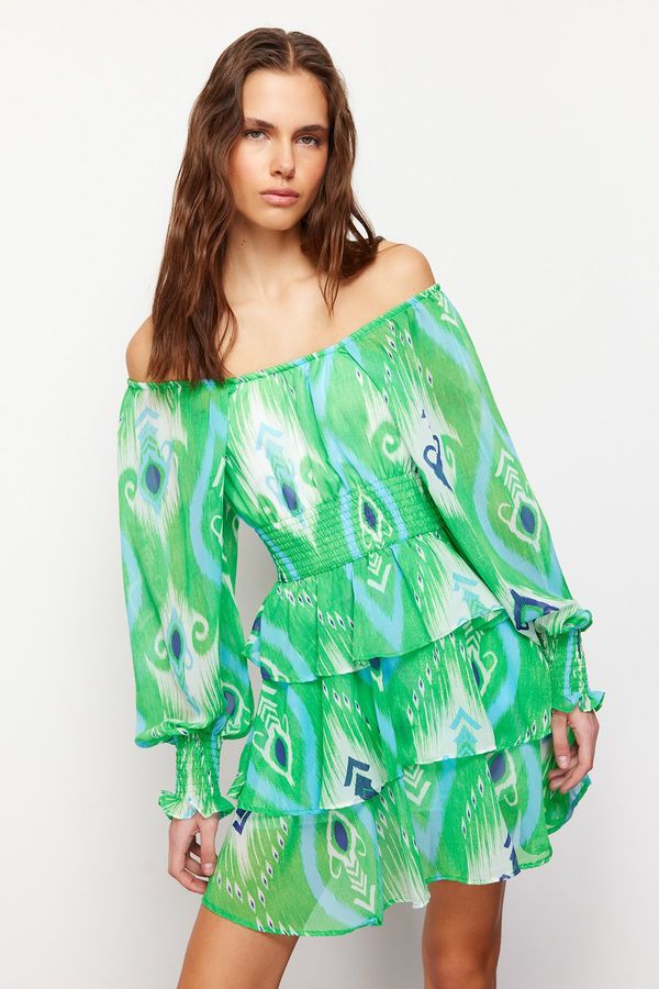 Trendyol Trendyol Green Carmen Collar Chiffon Woven Mini Dress