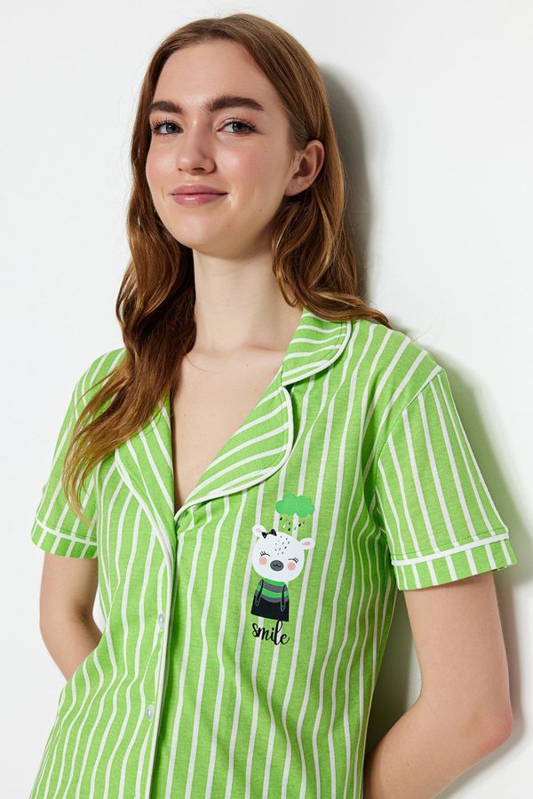 Trendyol Trendyol Green Cotton Striped Animal Printed Shirt-Pants Knitted Pajama Set