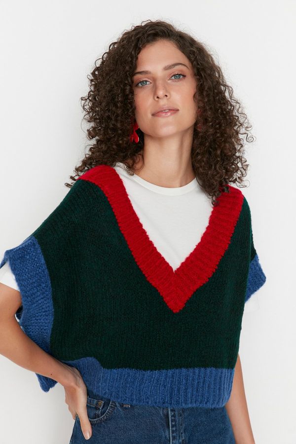 Trendyol Trendyol Green Crop Soft Textured Color Block Knitwear Sweater