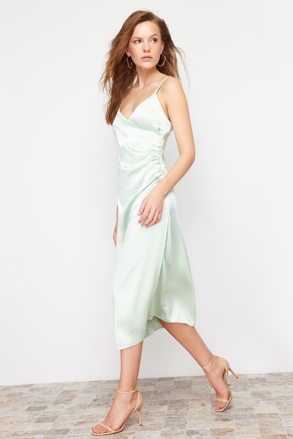 Trendyol Trendyol Green Double Breasted Neck Satin Midi Woven Dress