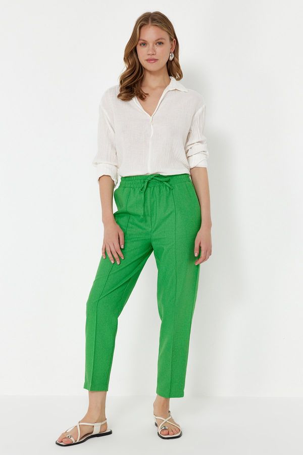 Trendyol Trendyol Green Elastic Waist Linen Blend Woven Trousers