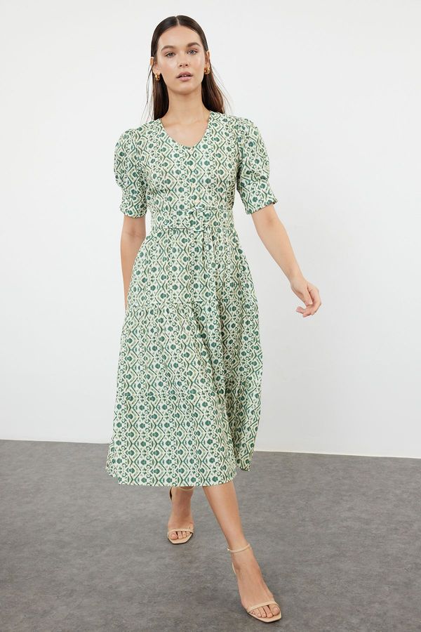 Trendyol Trendyol Green Ethnic Midi Belted A-Line V-Neck Woven Dress