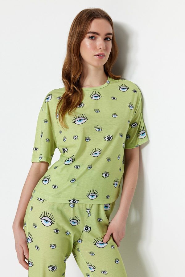 Trendyol Trendyol Green Eye Patterned T-shirt-Pants Knitted Pajamas Set