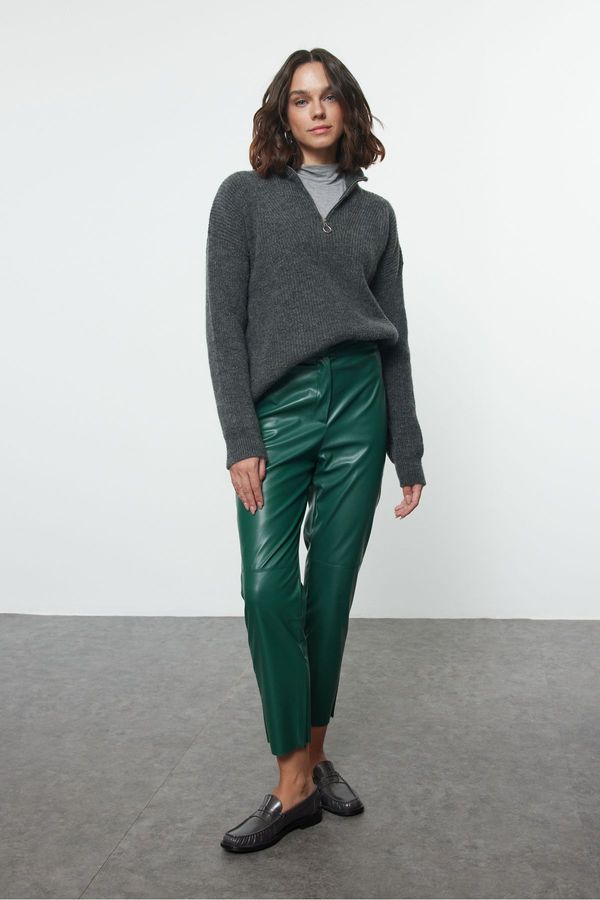 Trendyol Trendyol Green Faux Leather Cigarette Zippered Woven Trousers