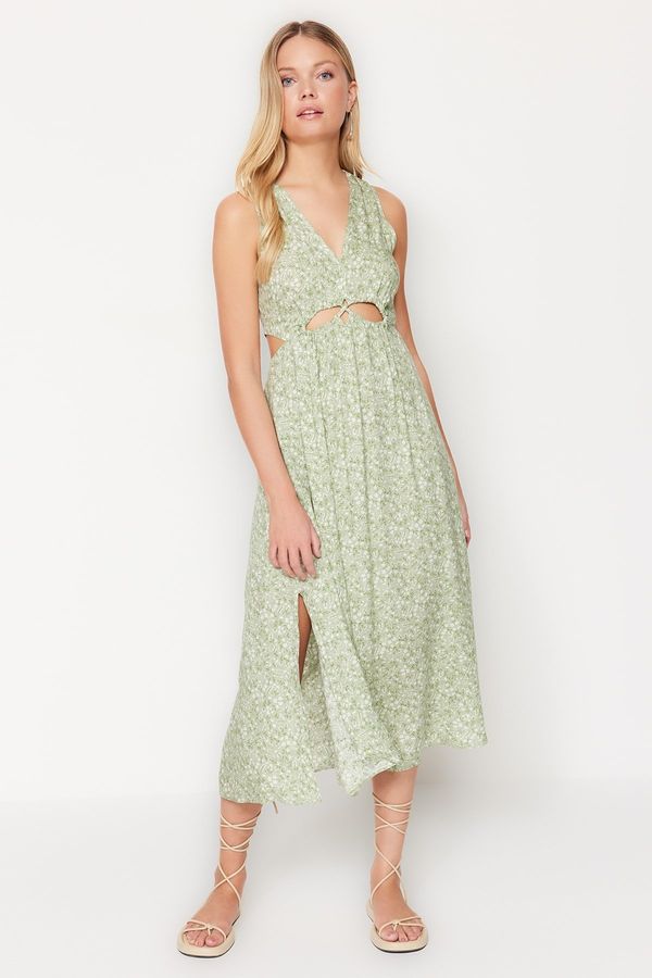 Trendyol Trendyol Green Floral Cut Out Detail Viscose Maxi Woven Dress